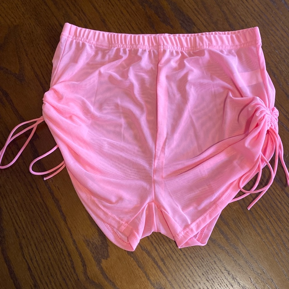 Amazon Pink Sheer Mesh Cover-up Swim Side Cinch Shorts